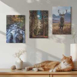 Canvas Set Of 3 Wall Art - Waterfall in The Forest, Mountains & Deer Nature, Brown Canvas, Landscapes Hanging Piece - thumbnail 3