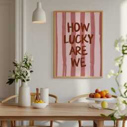How Lucky Are We Print, Typography Wall Art, Retro Striped Poster, Cute Aesthetic Positive Quote, Romantic Bedroom Decor, Playful Art Print - thumbnail 2