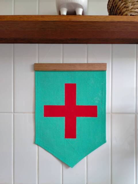 Cross - Hand Painted Wall Hanging in Aqua Blue & Red On Woven Cotton Fabric, With Tasmanian Oak Hanger - image 1