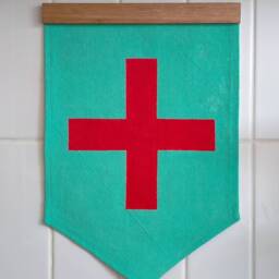 Cross - Hand Painted Wall Hanging in Aqua Blue & Red On Woven Cotton Fabric, With Tasmanian Oak Hanger - thumbnail 4