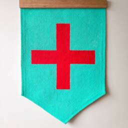 Cross - Hand Painted Wall Hanging in Aqua Blue & Red On Woven Cotton Fabric, With Tasmanian Oak Hanger - thumbnail 3