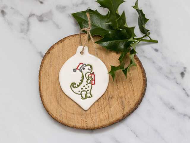 Dinosaur, Christmas Dinosaur Tree Decoration, Handmade Ceramic Decoration, Xmas, Decor - image 1