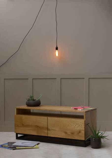 Konk ??? Chamfered Edge Tv Stand - Boxy Base Bespoke Sizes Available Oak & Steel Console With Storage Drawers, Solid Wood Media Unit - image 1