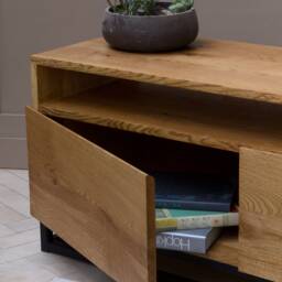 Konk ??? Chamfered Edge Tv Stand - Boxy Base Bespoke Sizes Available Oak & Steel Console With Storage Drawers, Solid Wood Media Unit - thumbnail 3