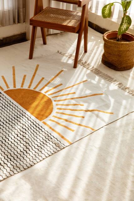Handmade Rising Sun Rug 4x6 Block Printed Cotton Dhurrie - image 1