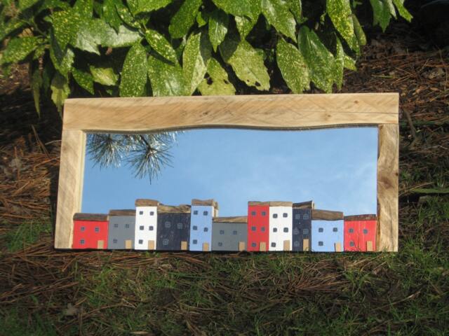 Driftwood Mirror With Cottage Houses, Signed Coastal Art