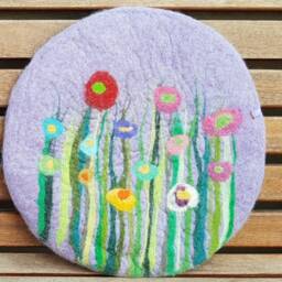 Handfelted Seat Cushion With Flowers & Grass, Lavender + Pink - thumbnail 2