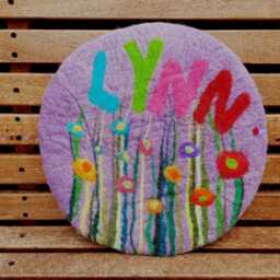 Handfelted Seat Cushion With Flowers & Grass, Lavender + Pink - thumbnail 4