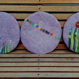 Handfelted Seat Cushion With Flowers & Grass, Lavender + Pink - thumbnail 3