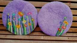 Handfelted Seat Cushion With Flowers & Grass, Lavender + Pink