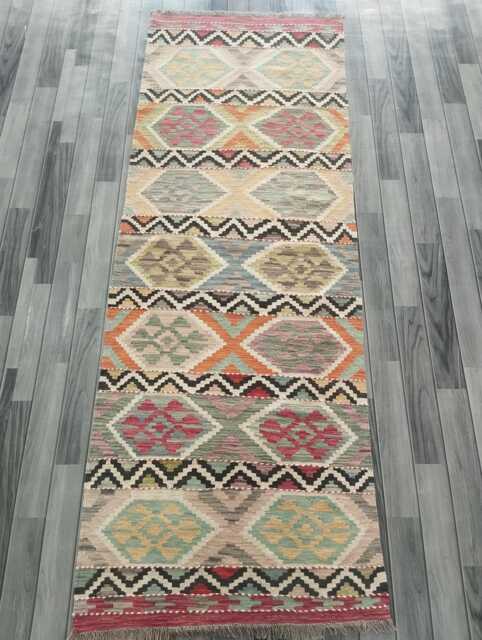 Multicolour Wool Runner, Handmade Artisan Afghan Turkish Persian Qashqai Moroccan Navajo Flatweave, Natural Kilim Rug 241x86 cm - image 1