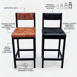 Embossed Crocodile Leather Counter Stool - Black Steel Frame - Fpbk - thumbnail 3