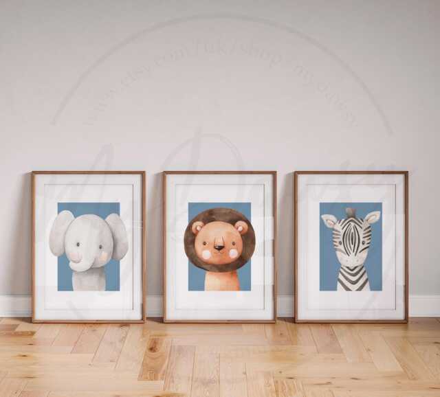 Set Of 3 Safari Animal Prints For Little Boys Bedroom - Jungle Animals Nursery Decor in Blue Lion, Elephant & Zebra Wall Art - image 1