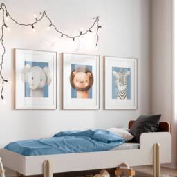 Set Of 3 Safari Animal Prints For Little Boys Bedroom - Jungle Animals Nursery Decor in Blue Lion, Elephant & Zebra Wall Art - thumbnail 2