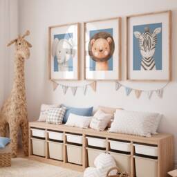 Set Of 3 Safari Animal Prints For Little Boys Bedroom - Jungle Animals Nursery Decor in Blue Lion, Elephant & Zebra Wall Art - thumbnail 3