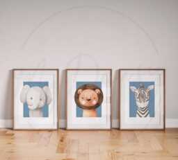 Set Of 3 Safari Animal Prints For Little Boys Bedroom - Jungle Animals Nursery Decor in Blue Lion, Elephant & Zebra Wall Art - thumbnail 1