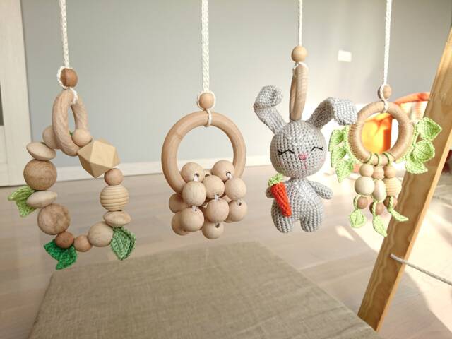 Baby Gym Toys Set Wooden Rings & Crochet Bunny, Newborn Gift - image 1