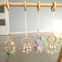 Baby Gym Toys Set Wooden Rings & Crochet Bunny, Newborn Gift - thumbnail 2
