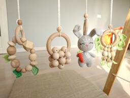 Baby Gym Toys Set Wooden Rings & Crochet Bunny, Newborn Gift