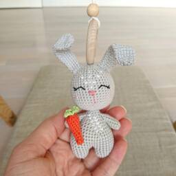 Baby Gym Toys Set Wooden Rings & Crochet Bunny, Newborn Gift - thumbnail 3
