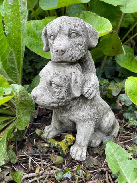 Pair Of Puppies Stone Garden Statue - Reconstituted Outdoor Dog Animal Ornament - image 1