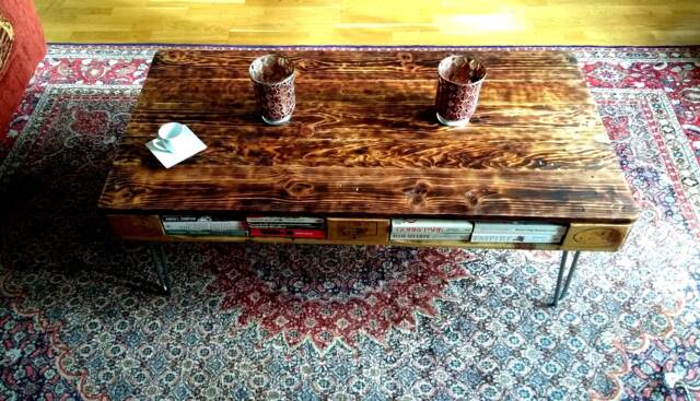 Charred Wood Upcycled Pallet Coffee Table in Burnt Style & Farmhouse Unique Made With Salvaged Industrial Hairpin Legs - image 1