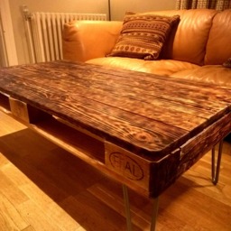Charred Wood Upcycled Pallet Coffee Table in Burnt Style & Farmhouse Unique Made With Salvaged Industrial Hairpin Legs - thumbnail 3