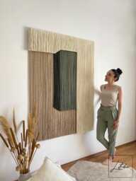 "Contemporary Fiber Wall Art, Extra Large Layered Macrame Hanging, Sage Green Textile Tapestry, Luxury Yarn Decor, Artwork ""Monolith"