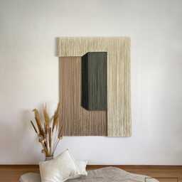 "Contemporary Fiber Wall Art, Extra Large Layered Macrame Hanging, Sage Green Textile Tapestry, Luxury Yarn Decor, Artwork ""Monolith" - thumbnail 3