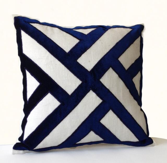 Ivory Navy Pillow Cover, Chippendale Latices Pillow, Velvet Cut Out Linen Bachelor Pad Living Room - image 1