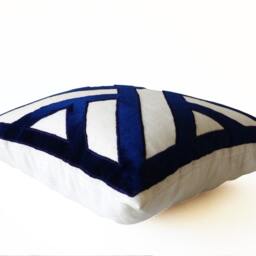 Ivory Navy Pillow Cover, Chippendale Latices Pillow, Velvet Cut Out Linen Bachelor Pad Living Room - thumbnail 2