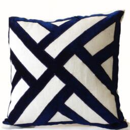 Ivory Navy Pillow Cover, Chippendale Latices Pillow, Velvet Cut Out Linen Bachelor Pad Living Room - thumbnail 3
