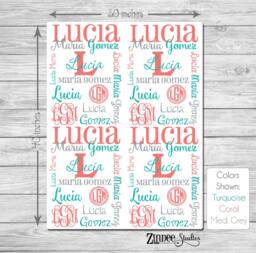 Monogram Blanket - Turquoise Grey Coral - Personalized Blanket For Boy Or Girl Receiving Blanket Baby Shower Gift, Swaddle Monogrammed