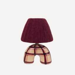 Handmade Ceramic Table Lamp Maroon Gingham Pattern, Alpaca Silk Shade - thumbnail 1