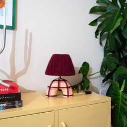 Handmade Ceramic Table Lamp Maroon Gingham Pattern, Alpaca Silk Shade - thumbnail 2