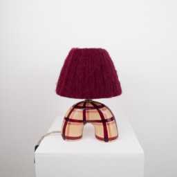 Handmade Ceramic Table Lamp Maroon Gingham Pattern, Alpaca Silk Shade - thumbnail 3