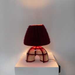 Handmade Ceramic Table Lamp Maroon Gingham Pattern, Alpaca Silk Shade - thumbnail 4