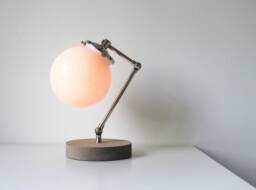 Table Lamp, Bubble Globe Desk White Frosted Opal Glass With Wood Base, Polished Nickel Finish, Industrial Modern Office Lamp