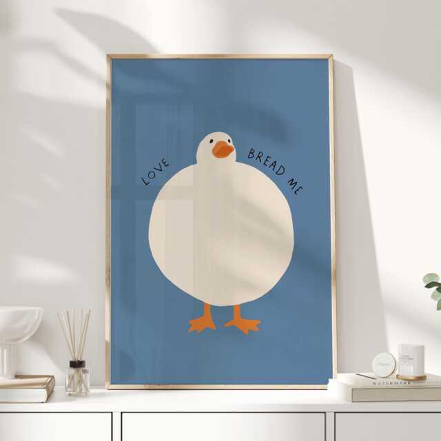Love Bread Me Duck Print, Funny Kitchen Wall Art, Minimal Blue Poster, Food Pun Cute Illustration - image 1