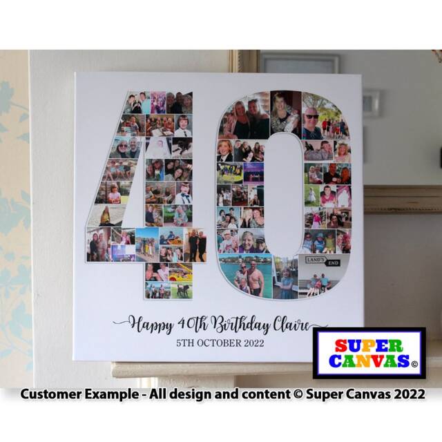 40Th Birthday Number Shape Photo Collage Board Framed Canvas Wall Art Print Husband Wife Son Daughter Sister Brother Friend Gift - image 1