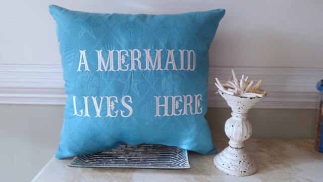 A Mermaid Lives Here Embroidered Pillow - Beach Decor - image 1
