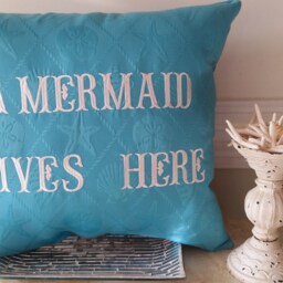 A Mermaid Lives Here Embroidered Pillow - Beach Decor - thumbnail 3