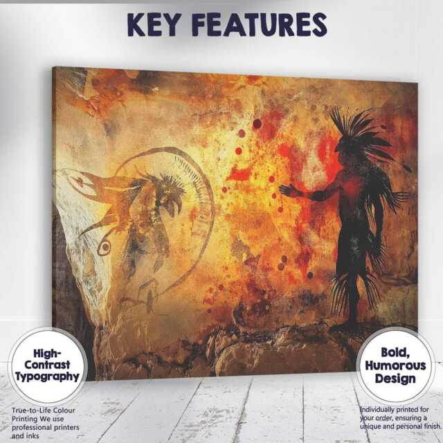 Prehistoric Shaman Ritual Cave Art Silhouette Painting Canvas Wall Print Decor Picture Ready To Hang - image 1