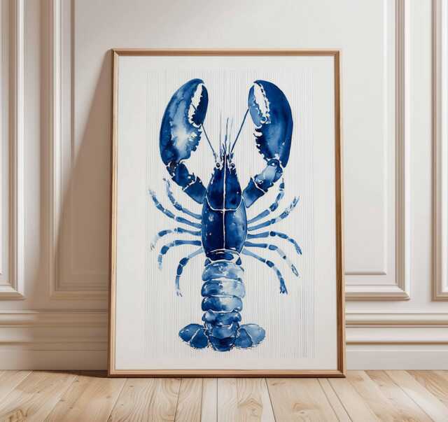 Blue Lobster Wall Art Print, Nautical Coastal Decor, Ocean Animal Poster, Beach House Artwork, Modern Marine Life Illustration - image 1