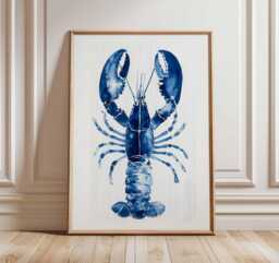 Blue Lobster Wall Art Print, Nautical Coastal Decor, Ocean Animal Poster, Beach House Artwork, Modern Marine Life Illustration - thumbnail 1
