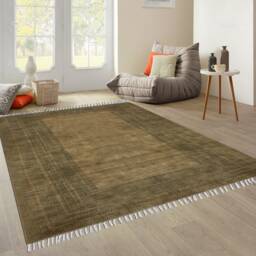 Hand Knotted Wool Area Rug, Tan Border Design Carpet - thumbnail 3