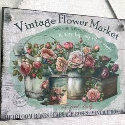 Vintage Flower Market Roses Wall Hanging Picture Plaque Grey Shabby Chic Sign - thumbnail 2