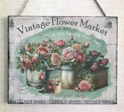 Vintage Flower Market Roses Wall Hanging Picture Plaque Grey Shabby Chic Sign - thumbnail 1