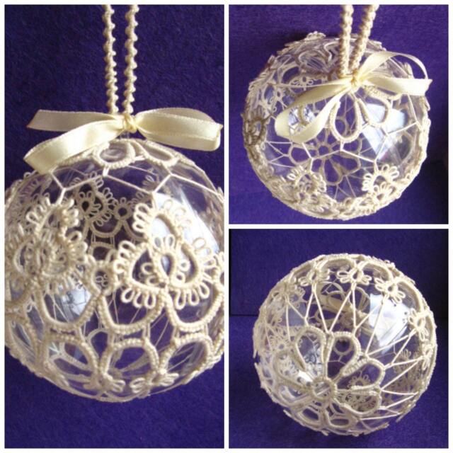 Christmas Ball Tatting Lace Ornament White-Off Ecru Cream Thread Tatted - image 1