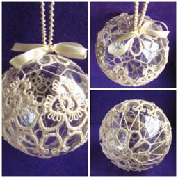 Christmas Ball Tatting Lace Ornament White-Off Ecru Cream Thread Tatted - thumbnail 1
